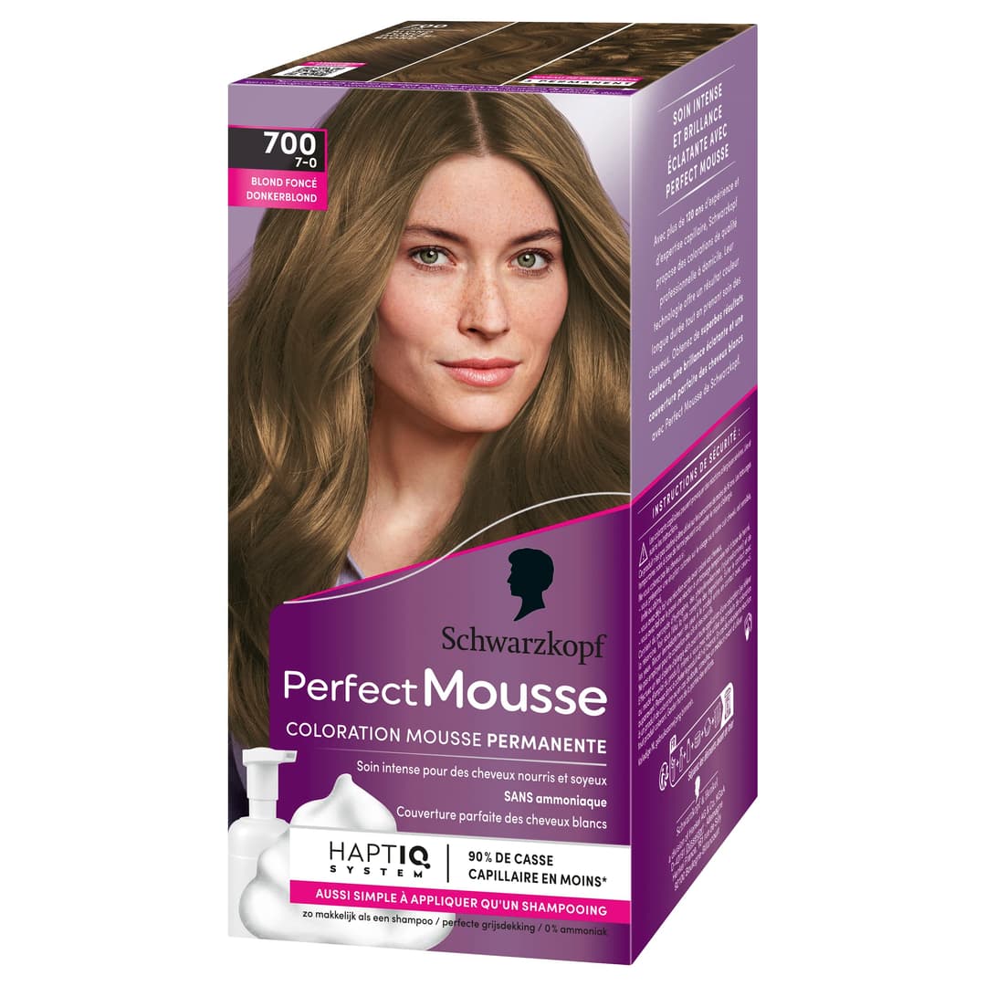 Schwarzkopf - Perfect Mousse - Coloration Cheveux - Mousse Permanente sans Ammoniaque - Masque Soin 96 % d'ingrédients d'origine naturelle - Blond Foncé 700