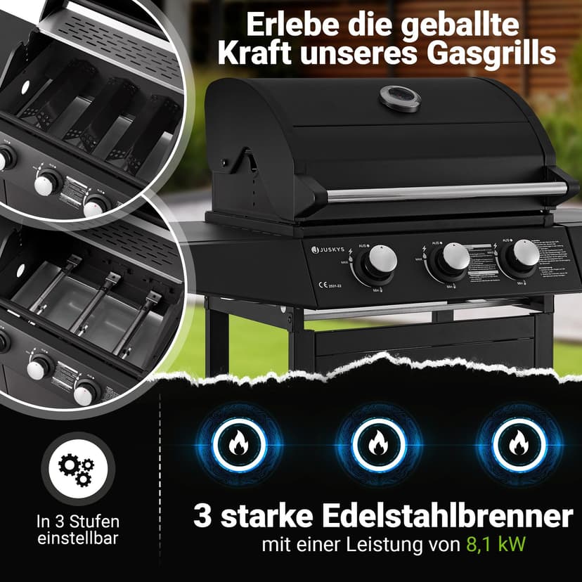 Juskys Barbecue à gaz Louisiana avec 3 brûleurs 8,1 kW, avec grille, couvercle – Grill avec thermomètre, chauffe-plat et tablettes latérales - 2