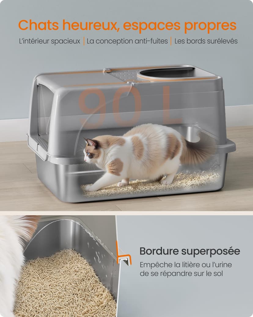Feandrea Stainless Steel Cat Litter Box with Flip Lid, XL Enclosed Litter Box with Leak-Proof Design, Scoop, Brush, Dual Entry, for Cats up to 15 kg, Dove Grey PPT005G01 - 4