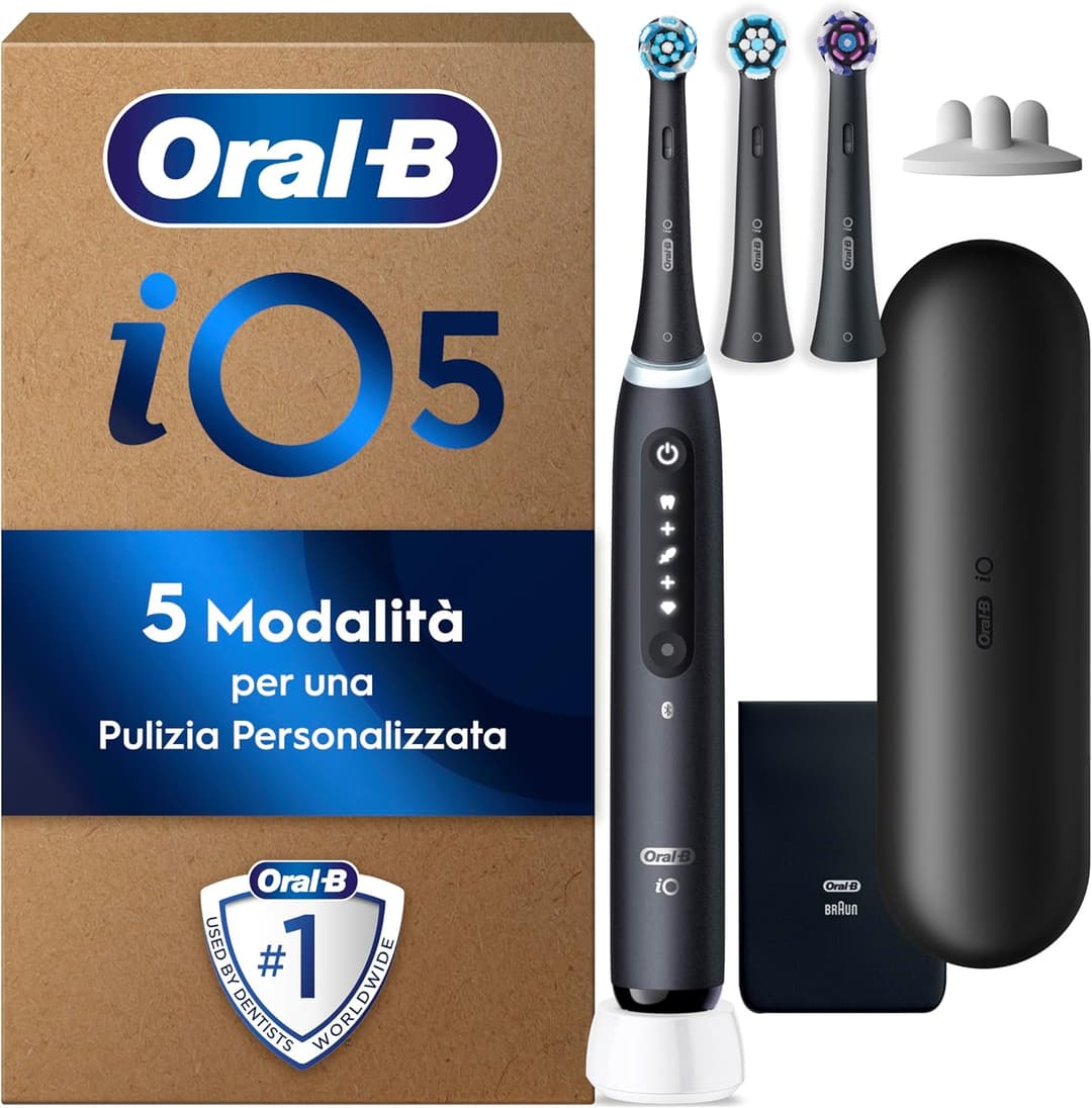 Oral-B iO Series 5 Plus Edition Electric Toothbrush, Plus 3 Toothbrush Heads Including Whitening, Magnetic Case, 5 Cleaning Modes, Recyclable Packaging, Gift for Men/Women, Black