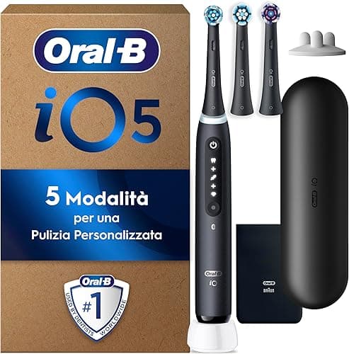 Oral-B Brosse A Dents Electrique iO 5 Noire, 5 Modes De Brossage Dont Blancheur, Capteur De Pression Sur Les Gencives, 3 Brossettes De Rechange Oral B, Etui De Voyage, Chargeur, Emballage Carton