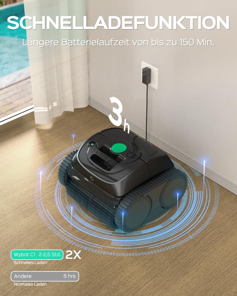 (Upgrade) Robot Piscine sans Fil WYBOT C1-01 Robot Piscine pour Piscines Enterrées & Hors Sol - Nettoyeur 4-en-1 Paroi & Ligne d'eau 150min/150m², Navigation Intelligente, App-Noir Encre - 6