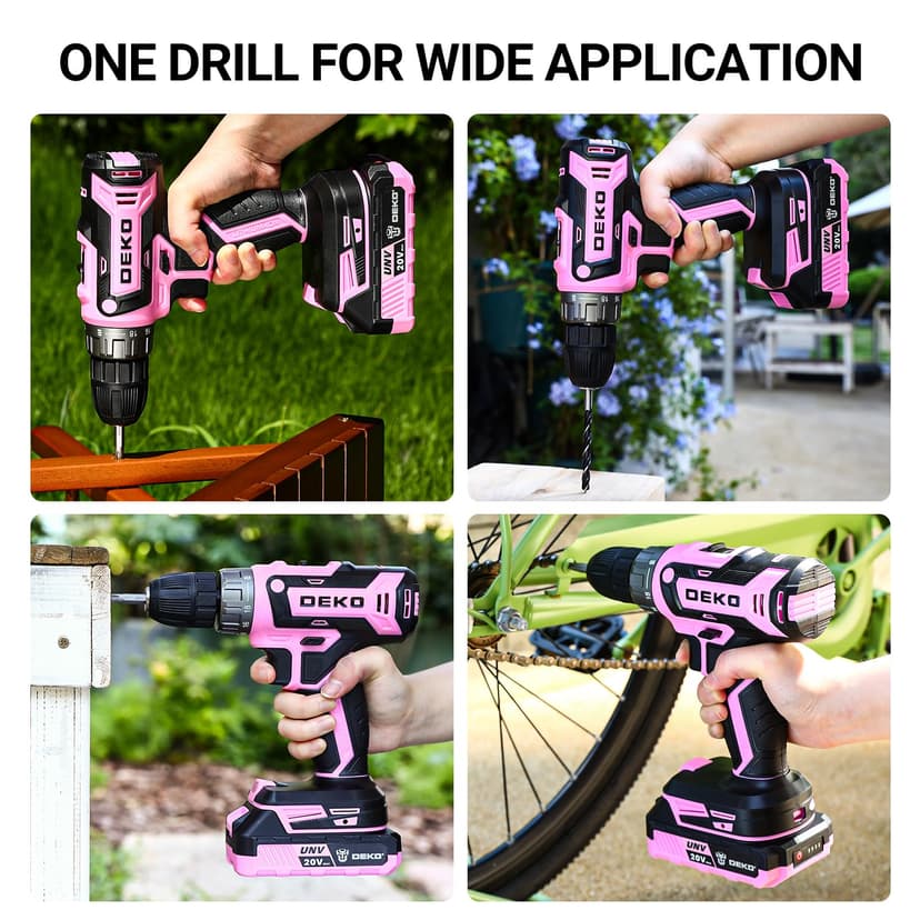 DEKOPRO Cordless Drill 20 V Pink Electric Screwdriver - Pink Screwdriver for Women - Complete Kit with 2 x 1.5Ah Batteries and Charger - 8