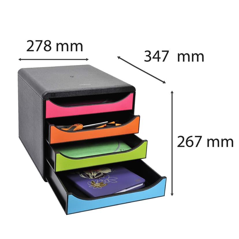 Exacompta - Ref 310498D - BIG-BOX Desktop Drawer Set - 4 x 55mm Drawers, Suitable for A4+ Documents, 347 x 278 x 267mm, 100% Recycled Plastic - Black/Harlequin - 2