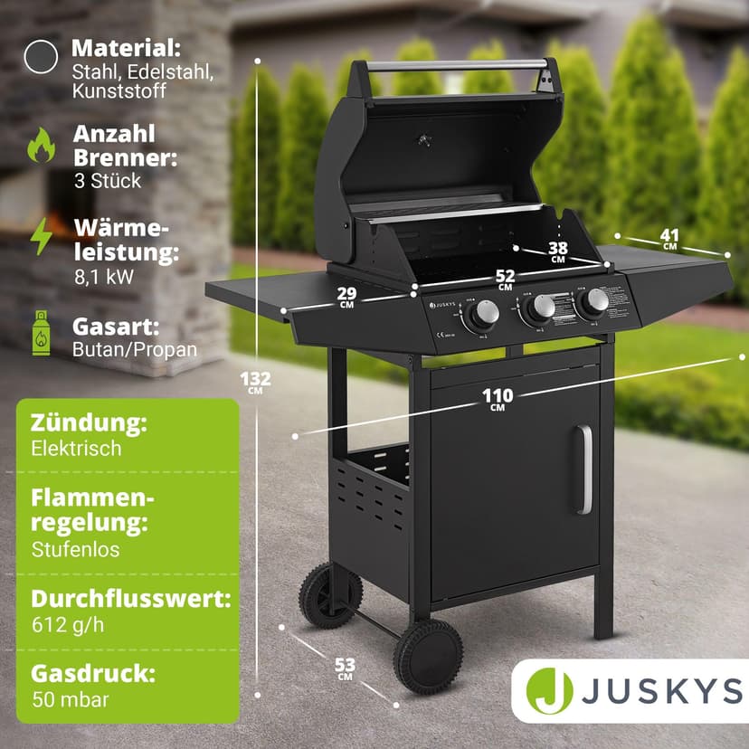 Juskys Barbecue à gaz Louisiana avec 3 brûleurs 8,1 kW, avec grille, couvercle – Grill avec thermomètre, chauffe-plat et tablettes latérales - 7