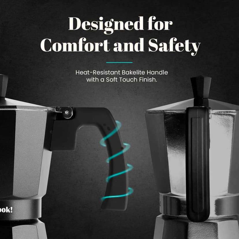 WECOOK! Luccia Italian Coffee Maker, Induction, Aluminium, Express, 1 – 3 Cups Coffee, Suitable for All Kitchens, Black, Silicone Seal Seal, Safety Valve. - 3