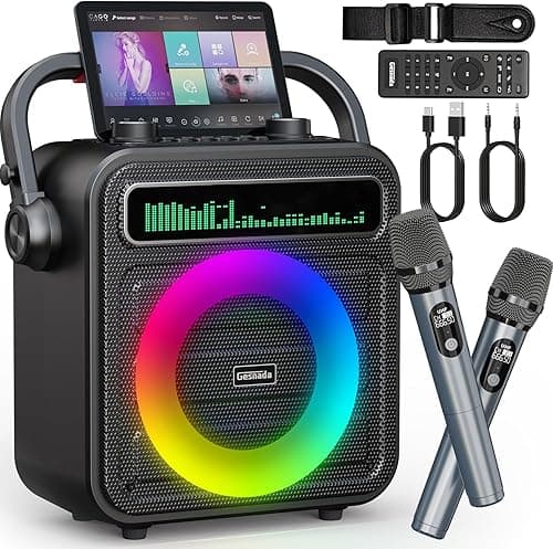 Karaoke Machine 2 Wireless Microphones, Portable Bluetooth Speaker w/PA System for Adults & Kids with LED Lights, Bass/Treble Adjustment, Supports REC/TWS/FM/AUX/USB/IF Card for Party