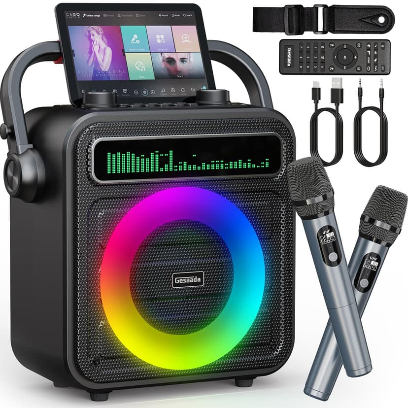 Karaoke Machine 2 Wireless Microphones, Portable Bluetooth Speaker w/PA System for Adults & Kids with LED Lights, Bass/Treble Adjustment, Supports REC/TWS/FM/AUX/USB/IF Card for Party - 1