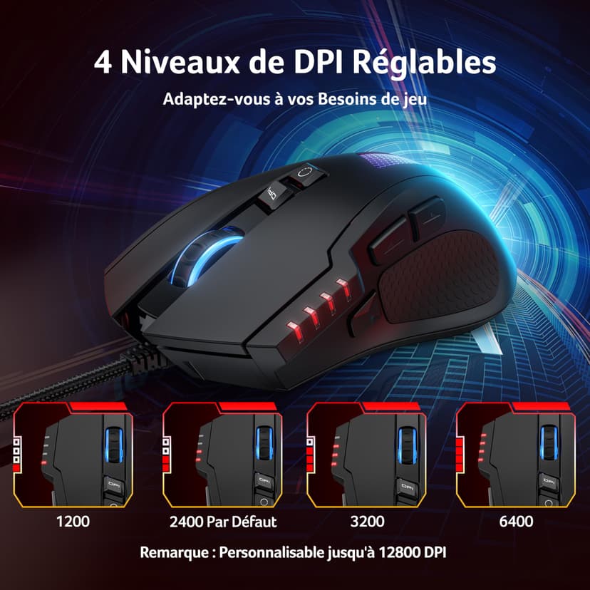 acer Wired Gaming Mouse, 12800 DPI Mouse Gaming RGB, 1000Hz Polling Rate, 8 Programmable Button, 12 Backlights, High Precision, Rapid Fire, Ergonomic Computer Mouse with Driver for Laptop, PC, Mac - 3