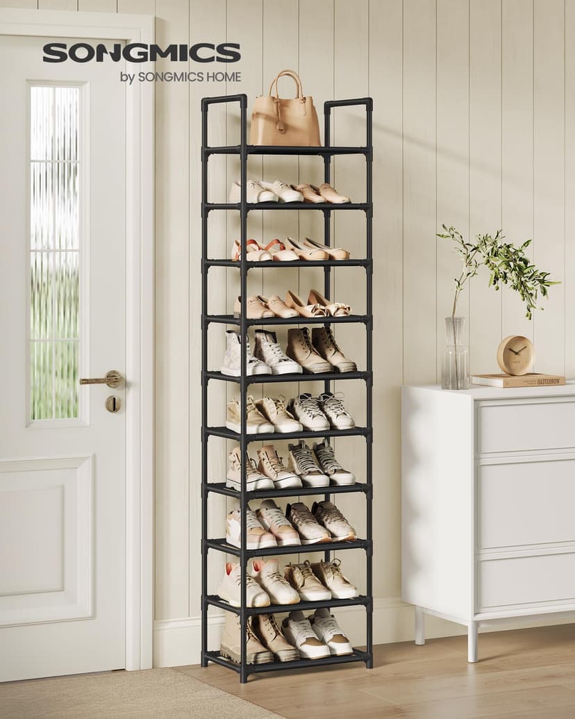 SONGMICS 10-Tier Shoe Rack, Shoe Stand, Space-Saving Shoe Storage, 45 x 28 x 173 cm, Metal Frame, Non-Woven Fabric Shelves, for Hallway, Bedroom, Black LSH010B02 - 2