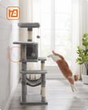 Feandrea Cat Tree Tower, 143 cm Multi-Level Plush Cat Condo with 4 Scratching Posts, 2 Perches, Cave, Hammock, Pompoms, Light Grey PCT161W01 - 8