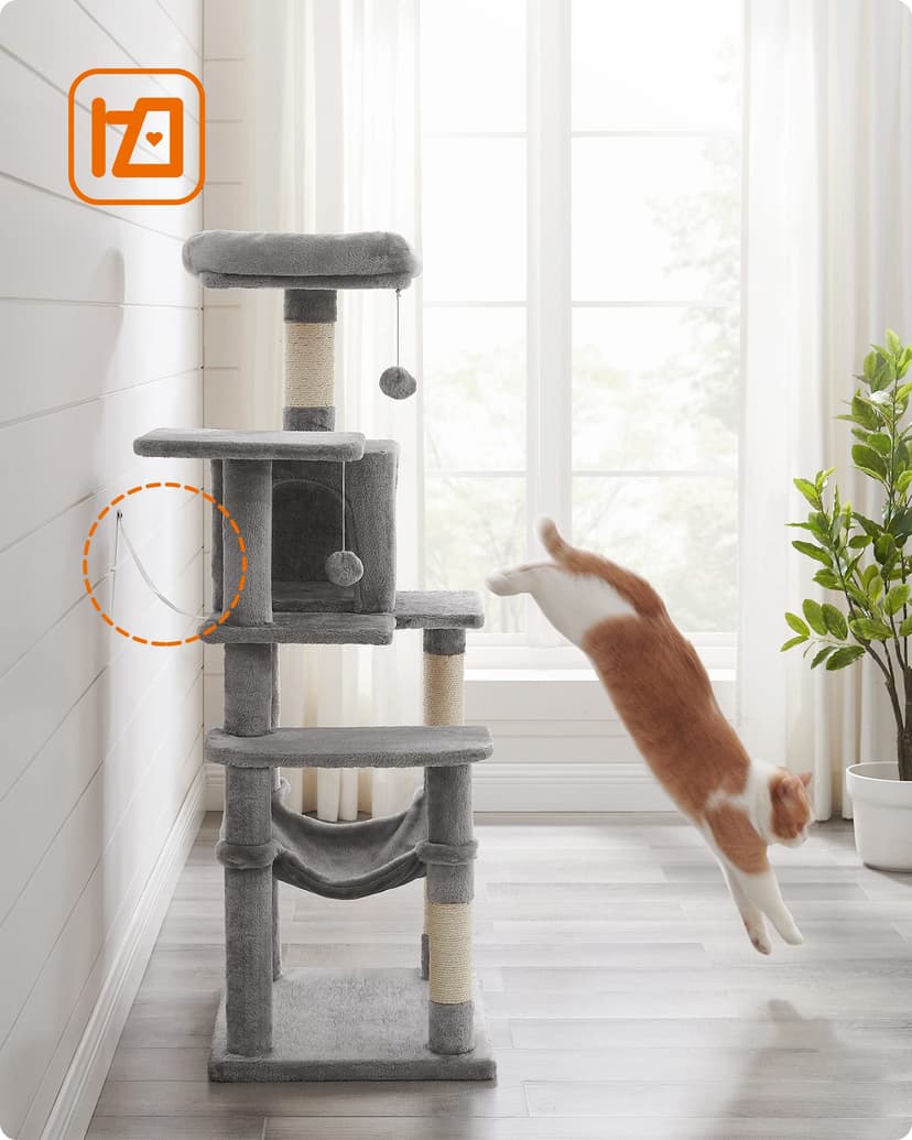 Feandrea Cat Tree Tower, 143 cm Multi-Level Plush Cat Condo with 4 Scratching Posts, 2 Perches, Cave, Hammock, Pompoms, Light Grey PCT161W01 - 8