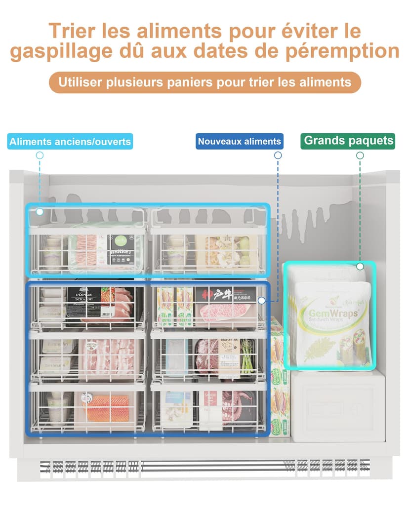 UMDONX Paniers de congélation Blanc- 4 paquets de paniers de congélation pour coffre for 283 à 566L congélateur - Organisateur de congélation empilable pour coffre,Longueur extensible(29-45x30x15cm) - 4