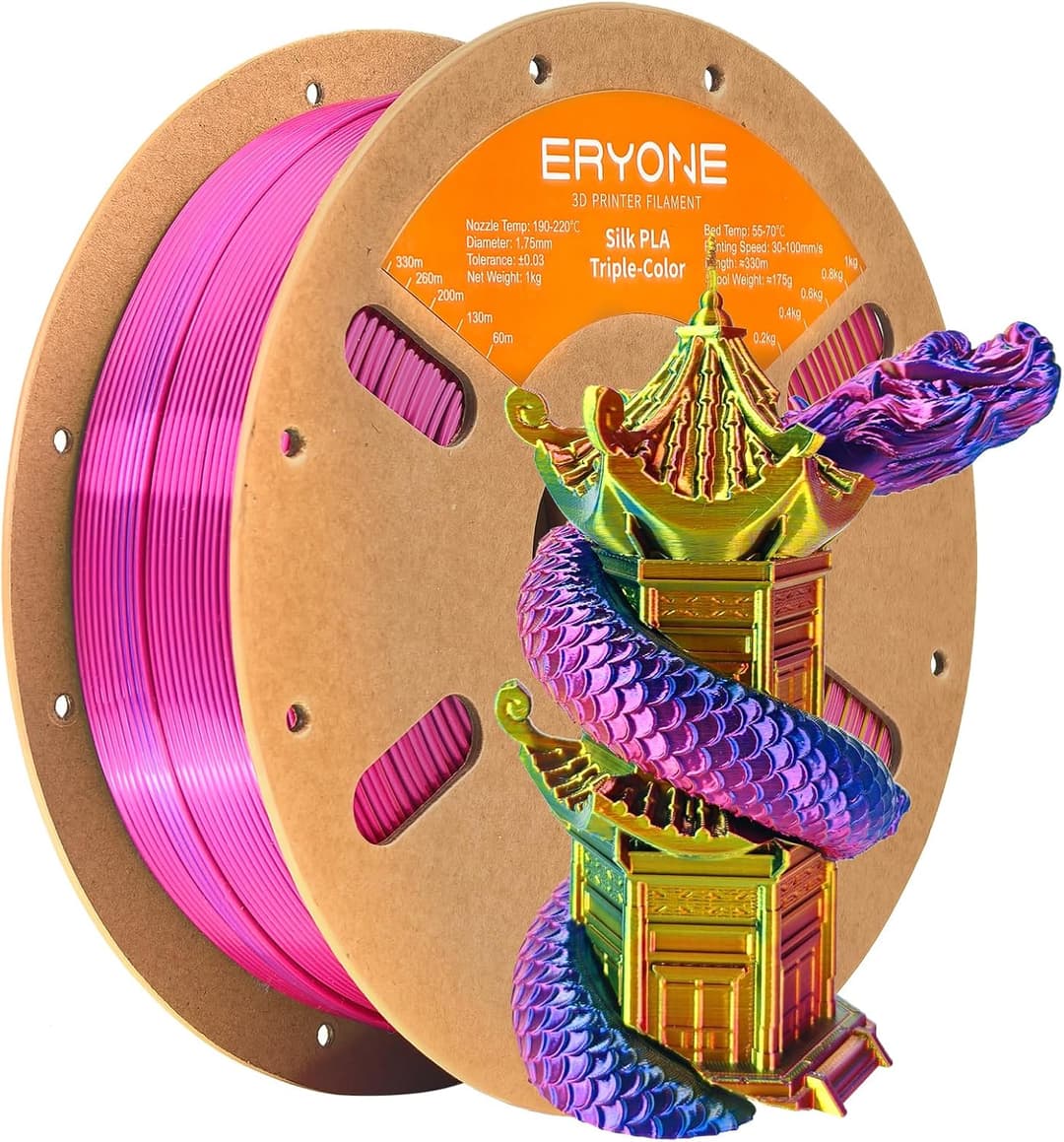 ERYONE Silk PLA 3D Printer Filament, 1.75 mm, +/- 0.03 mm, 1 kg/Spool, Tri-Colour, Red, Yellow, Blue