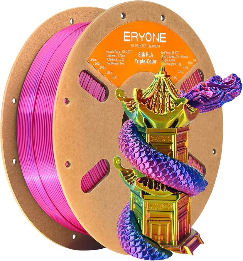 ERYONE Silk PLA 3D Printer Filament, 1.75 mm, +/- 0.03 mm, 1 kg/Spool, Tri-Colour, Red, Yellow, Blue - 1