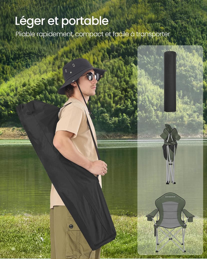 SONGMICS Lot de 2 Chaises Pliantes Camping, Siège Large, Dossier Haut, Chaises de Pêche Portables avec Porte‑Gobelet, Support pour Téléphone, Organiseur en Tissu, Vert et Gris GCB005CD01-2J - 7