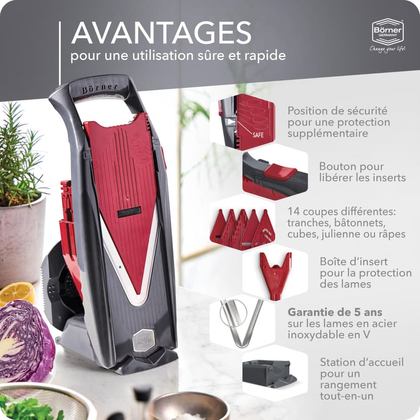 Coupe-Légumes Börner Vital (Profi Set) • 12 Styles de Coupe • Mandoline en Acier Inoxydable • Coupe Légumes avec Fonction Assaisonnement • Pour couper en Tranches, Juliennes, Dés - 4