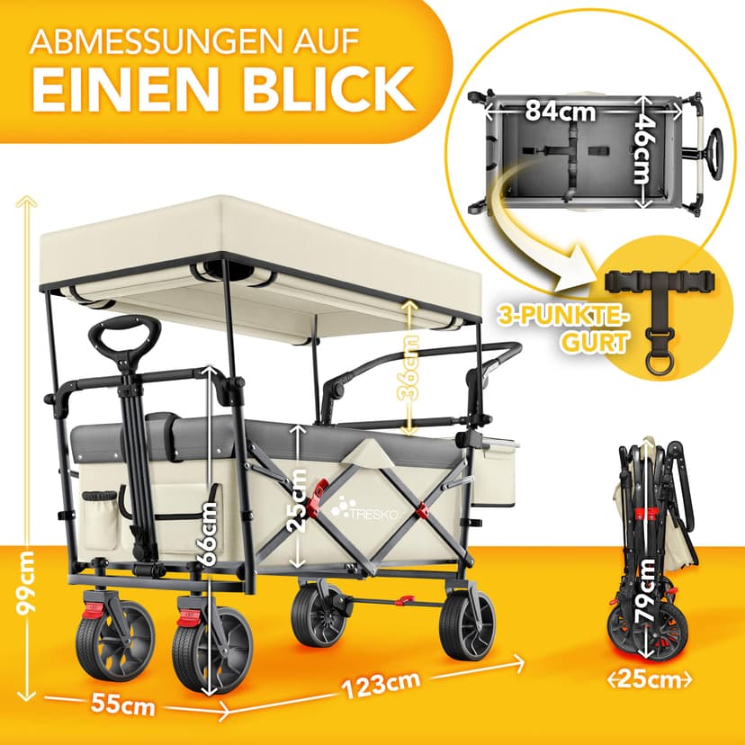 TRESKO® Handcart Foldable with Roof, Cooling Compartment and Side Roller Blinds | Hand Trolley Max. Load 150 kg | Transport Trolley with Solid Rubber Tyres & Parking Brakes (Front & Rear) and 3-Point - 2