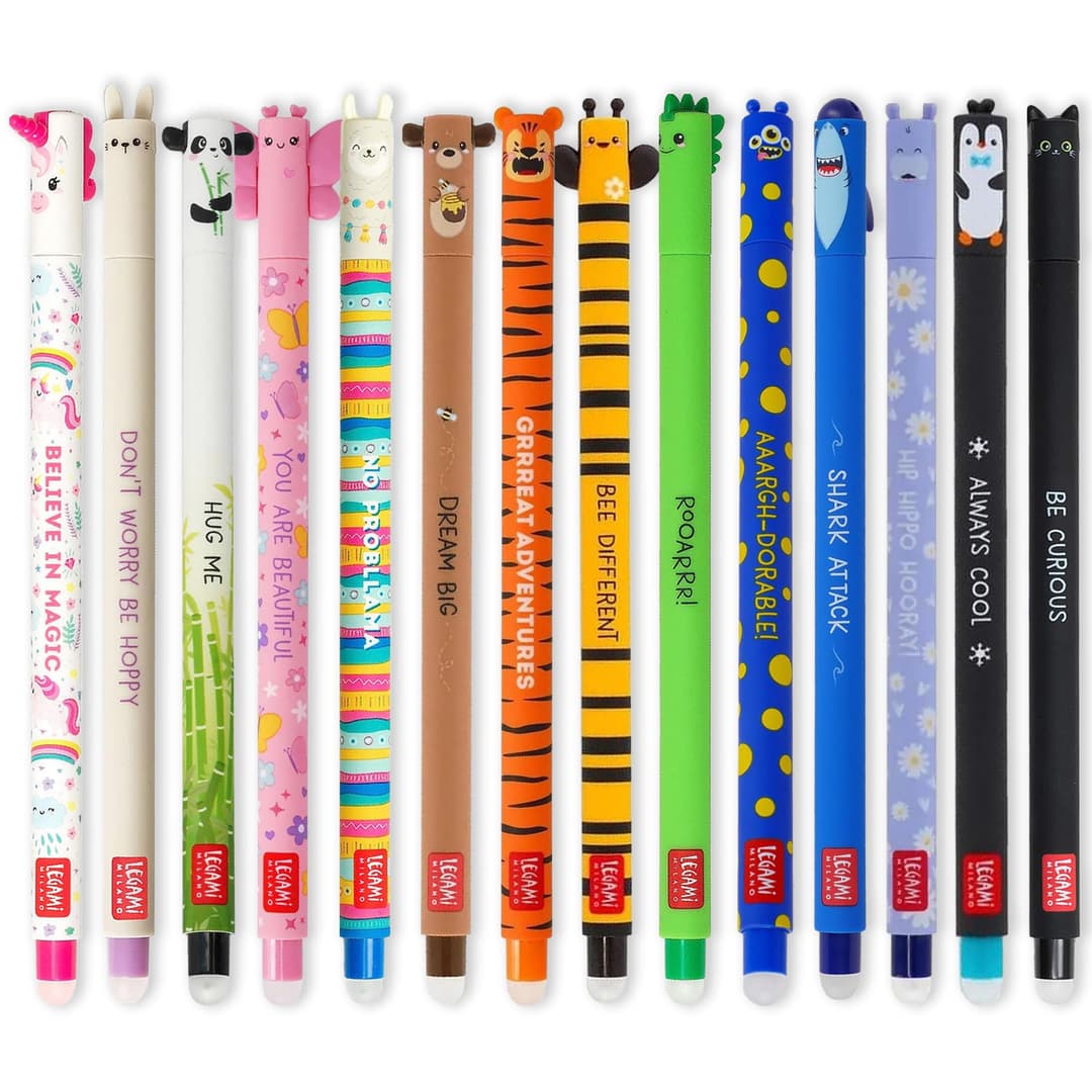 LEGAMI - Set of 14 Erasable Gel Pens with Thermosensitive Erase Ink, Range of ink colours & barrel designs, 0.7mm Tip, Animal Designs