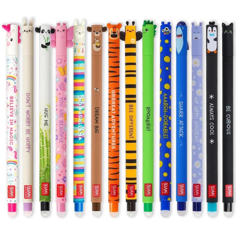 LEGAMI - Set of 14 Erasable Gel Pens with Thermosensitive Erase Ink, Range of ink colours & barrel designs, 0.7mm Tip, Animal Designs - 1