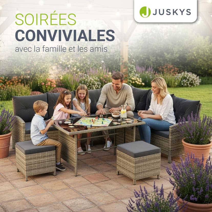 Juskys Salon de Jardin Lounge Manacor en polyrotin Gris moucheté - avec canapé, Table, 2 tabourets et Coussins - Ensemble de Meubles de Jardin jusqu'à 7 Personnes - Housses Grise - 8