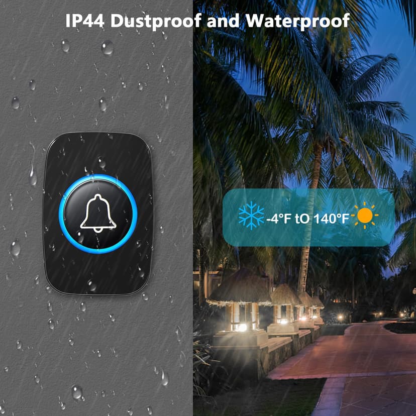 Blendura funk türklingel Set, 300 m Wireless Range IP44 Waterproof Electronic Front Doorbell with Plug-in Receivers, 60 Melodies, 5 Volume Levels, Black - 2