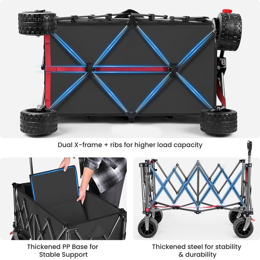YEAUPE PRO Handcart Foldable 200-300L 150 kg, Foldable Handcart with Parking Brake, 4-Way Folding, Height Adjustable for Camping, Beach Trolley, Garden, Shopping, Black - 2