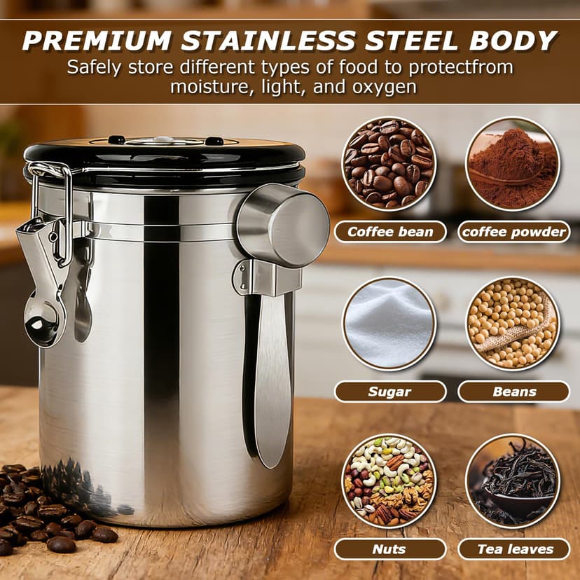 BUCOMTU 1,8 L Boîte à Café Hermétique en Acier Inoxydable avec Cuillère à Mesurer, Boîte à Conservation Hermétique, pour Café en Grains, Café Moulu, Noix, Sucre, Céréales - 4