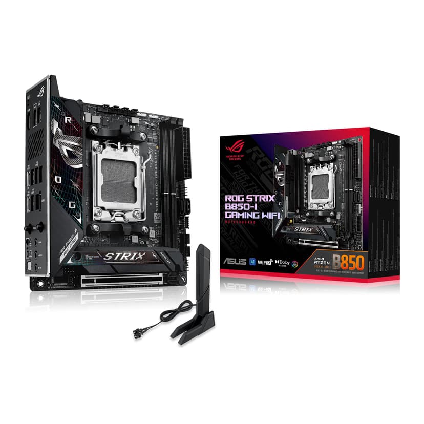 ASUS ROG Strix B850-I Gaming WiFi AMD Mini-ITX motherboard, 10+2+1 power stages, DDR5 slots, two M.2 slots, PCIe 5.0, WiFi 7, USB 20Gbps Type-C, and Aura Sync RGB - 1