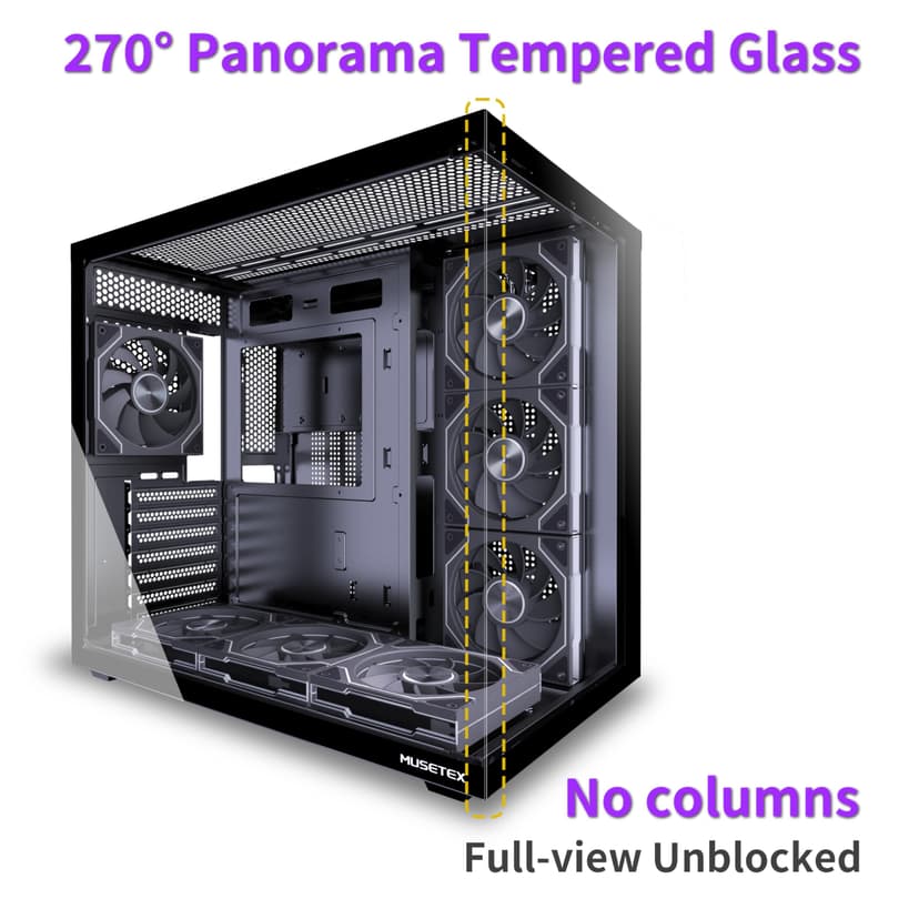MUSETEX Y6 PC Case Pre-Installation 7 Infinity Mirror PWM ARGB Fan, ATX Mid Tower Computer Case, Gaming PC Case with Type-C, 270° Full View Tempered Glass, Black - 4