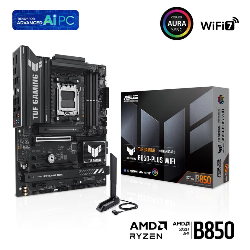 ASUS TUF GAMING B850-PLUS WIFI AMD ATX motherboard, 14+2+1 80A DrMOS power stages, DDR5, PCIe 5.0 Ready, 3xM.2 slots, Wi-Fi 7, Realtek 2.5Gb Ethernet, DisplayPort, HDMI, USB 20Gbps Type-C, Aura Sync - 7