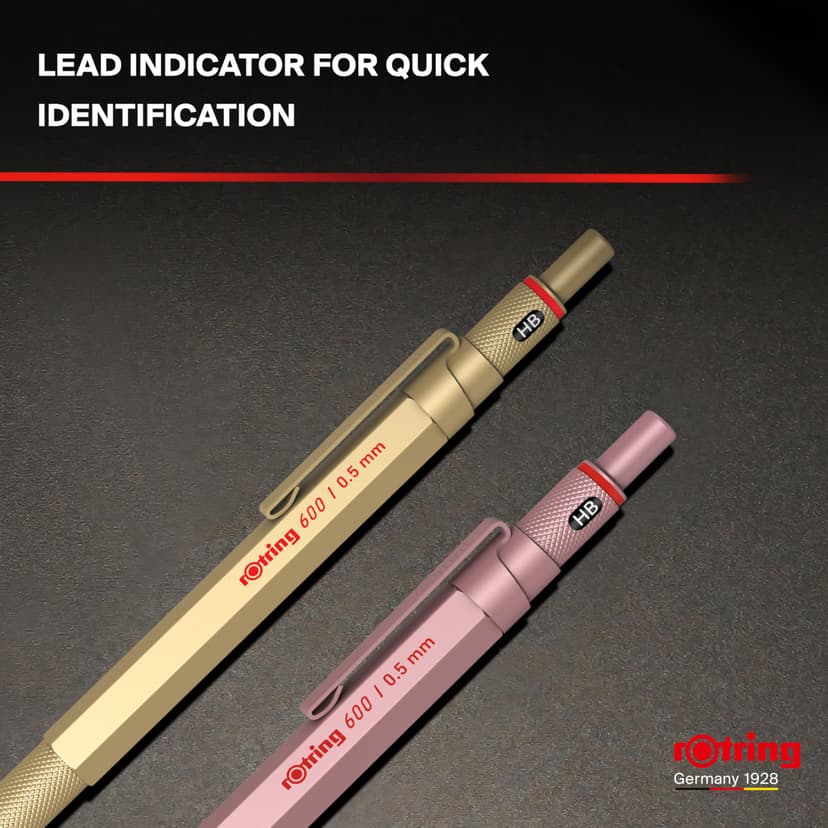rOtring 600 Portemine | Mine HB0,5 mm | Portemine entièrement métallique | Or Rose | Prise crantée antidérapante et corps hexagonal - 7