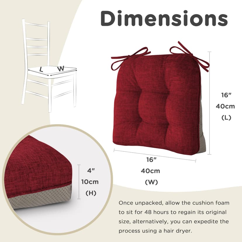 AddGrace Lot de 4 coussins extra épais pour chaises de salle à manger, antidérapants, coussins doux pour chaises de cuisine, avec attaches, 40 x 40 x 10 cm, rouge - 2