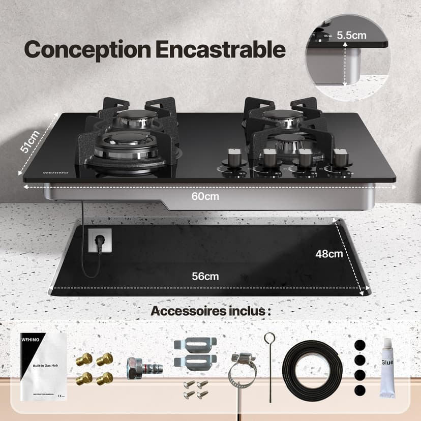 WEHIMO Gas Hob with 4 Burners, Built-in Gas Hob, 60 cm, Cast Iron Grill, 7800W, City Gas and Bottle, Black Glass - 2