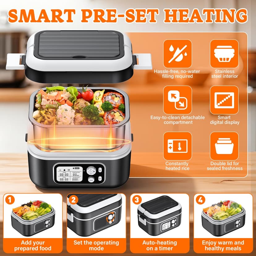 Electric Lunch Box 100 W, Electric Lunch Box 1.5 L Heat Box Insulated Heat Box Automatic Heating Function with Insulated Bag, Fork & Spoon and Removable Divider Plate - 6