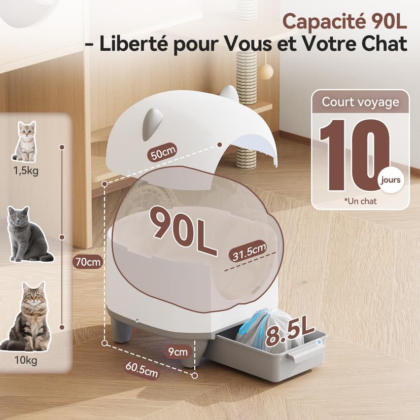 Devoko Self-Cleaning Pet Litter Box with Cute Cat Ears, Automatic XXL Enclosed Tray, Remote Control, Large Space, Safety & Odour Control, 90L Electric Litter Box for Multiple Cats - 3