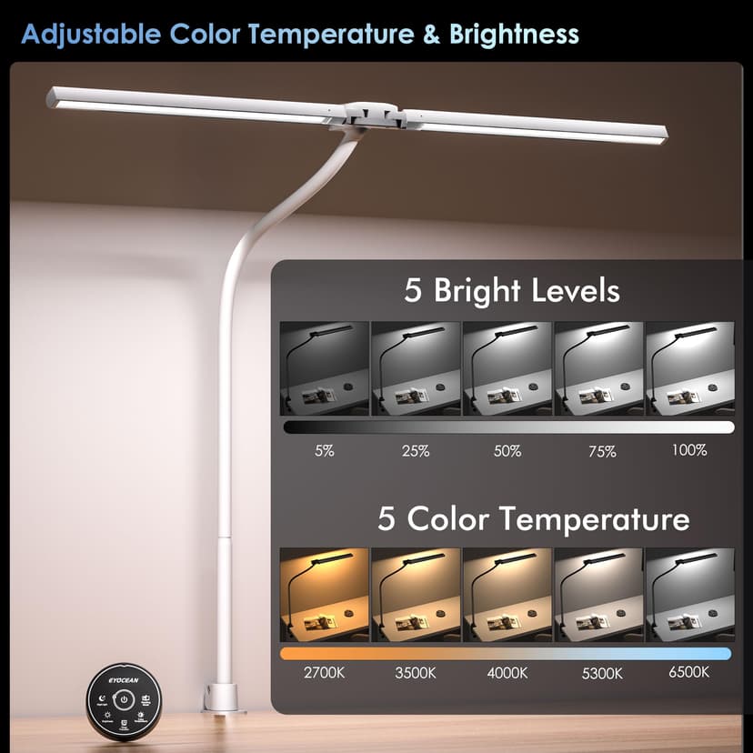 EYOCEAN 24W 80cm Dual Head Clip On Desk Lamp Daylight Desk Lamp with Remote Control, 5 Color Temperatures and Adjustable Brightness, Eye Protection, White - 6