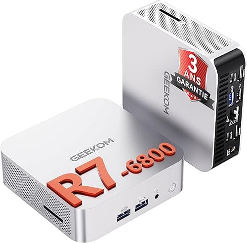 GEEKOM A6 Mini PC avec AMD Ryzen 7 6800H, Radeon 680M(4,7 GHz), 1To SSD 16Go RAM DDR5 (Évolutif, Non-LPDDR), Lecteur SD, Mini Ordinateur de Bureau Windows 11 Pro, Type-C,4 écrans 8K, Boîtier Aluminium