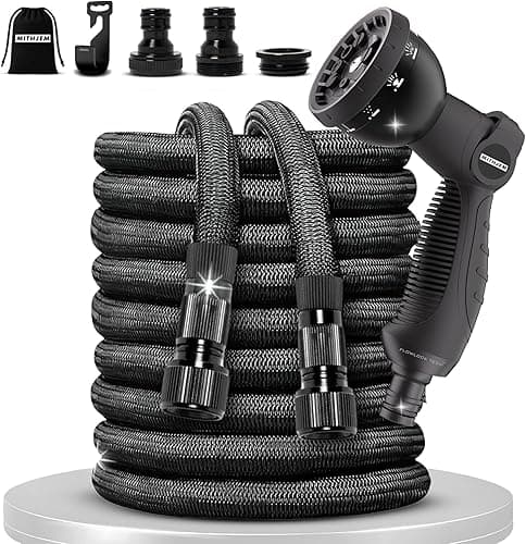 MITHJEM Garden Hose – Expandable 15 Metres with 8 Irrigation Functions – Polyester 3750D Roll Up Garden Hose – 1/2 Inch, 3/4 Inch and Universal Connectors for Tap Included