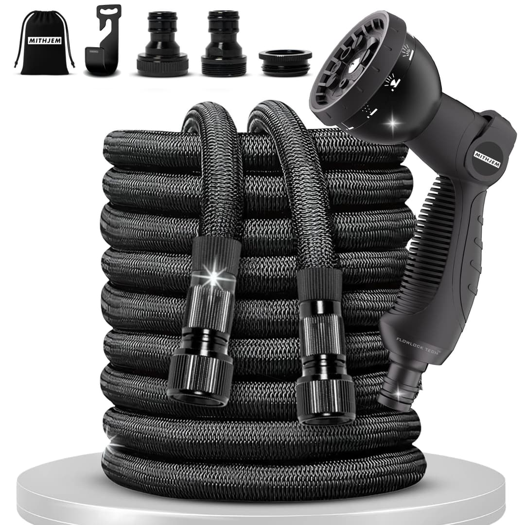 MITHJEM Garden Hose – Expandable 15 Metres with 8 Irrigation Functions – Polyester 3750D Roll Up Garden Hose – 1/2 Inch, 3/4 Inch and Universal Connectors for Tap Included