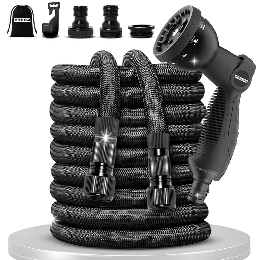 MITHJEM Garden Hose – Expandable 15 Metres with 8 Irrigation Functions – Polyester 3750D Roll Up Garden Hose – 1/2 Inch, 3/4 Inch and Universal Connectors for Tap Included - 1