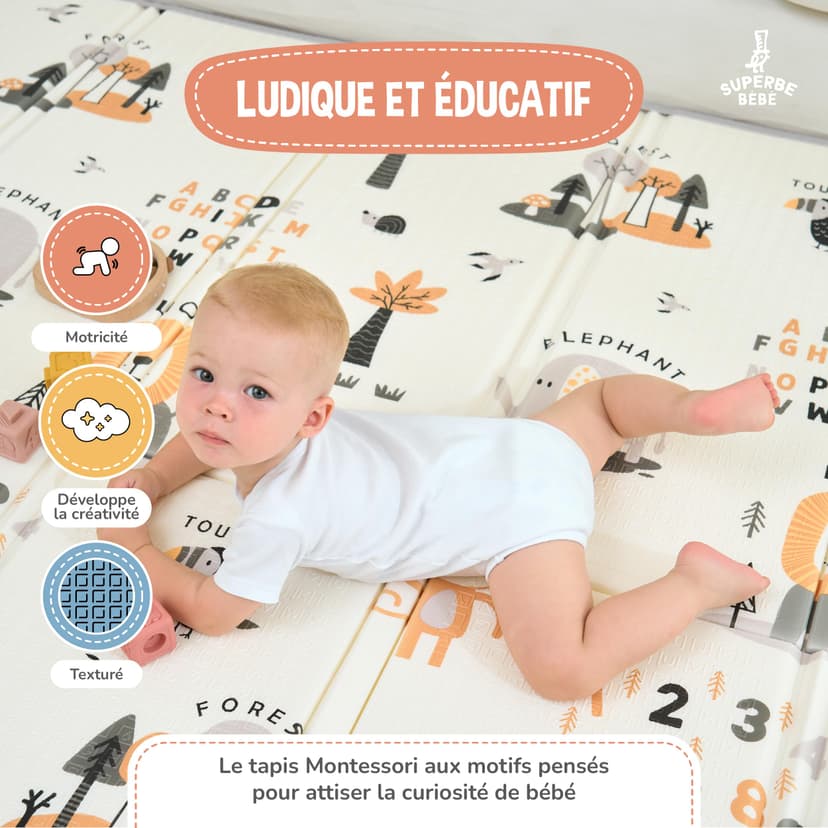 Tapis D'éveil Bébé Pliable Epais Réversible 150x180x1cm - tapis De Jeu Pour Enfant Bebe - tapis De Sol XXL En Mousse - Tapis De Motricité Favorisant Le Développement Sensoriel - Cadeau Naissance Bébé - 6
