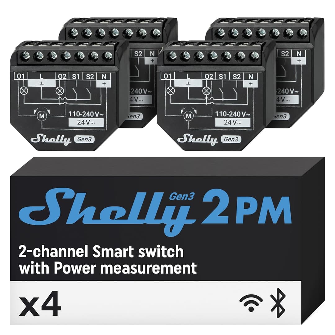 Shelly 2PM Gen3 - Wi-Fi Smart Roller Shutter Switch Module, Power Metering, 2 Channels, 16A, Motorized Blinds & Curtains Control, Alexa & Google Home, No Hub Required, Smart Home (4 Pack)