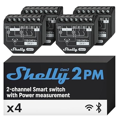 Shelly 2PM Gen3 - Wi-Fi Smart Roller Shutter Switch Module, Power Metering, 2 Channels, 16A, Motorized Blinds & Curtains Control, Alexa & Google Home, No Hub Required, Smart Home (4 Pack)