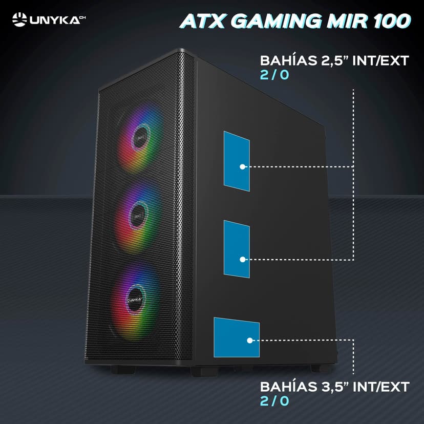 UNYKAch ATX MIR 100 Gaming Computer Case Large Size with 4 ARGB Fans, 1 USB 2.0 and 3 USB 3.0 - 2
