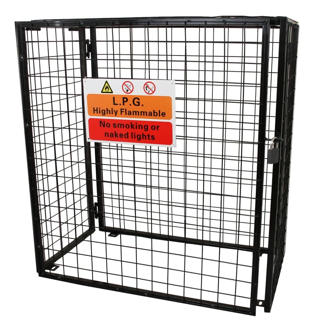 Gas Bottle Cage 920mm x 1100mm x 500mm Collapsible Black Mesh Secure Lockable Storage Powder Coated Galvanised Steel 3mm Wire Thickness 3 x 19kg Cylinder Bottles FREE Warning Sign Padlock & 2 Keys