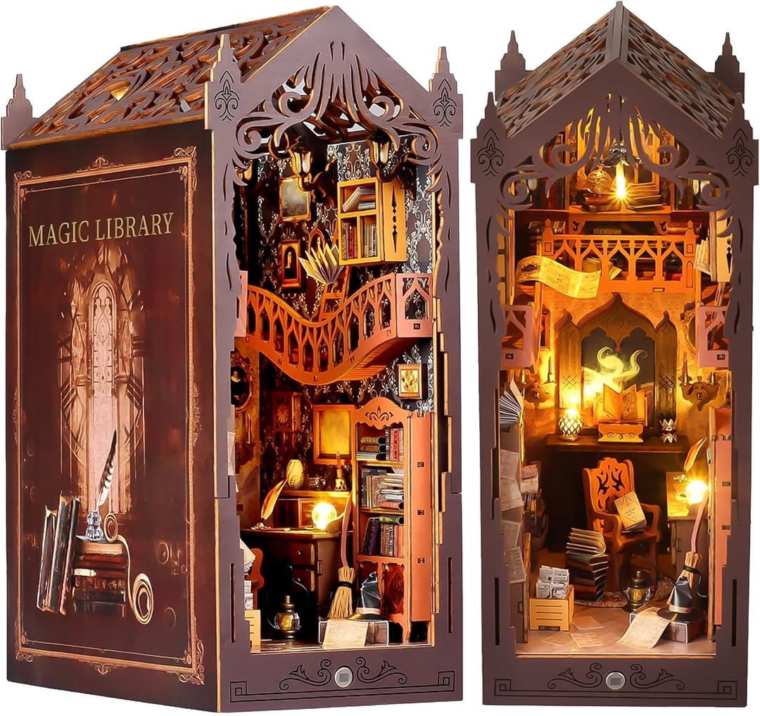 Book Nook Kit, DIY Magic Bookstore Book Corner Kit with LED Light 3D Wooden Puzzle Bookshelf Decor - Library