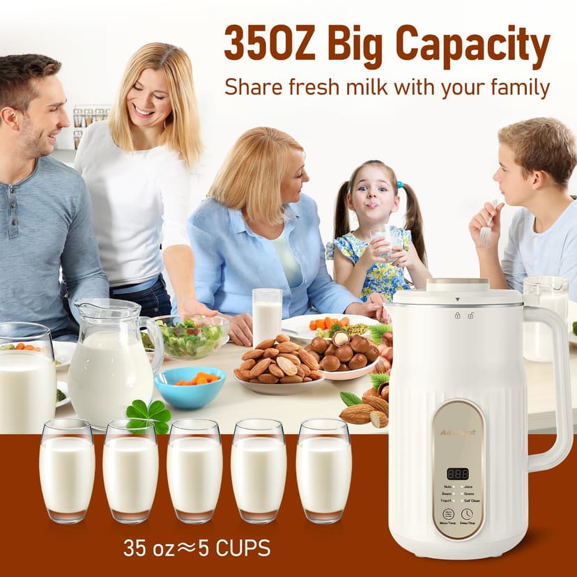 Nut Milk Maker, AlfaBot N2 Automatic Almond Milk Machine for Homemade Plant-Based Milk, Oat, Soy, Yogurt and Dairy Free Beverages, 35 OZ Soy Milk Maker with Delay Setting and Self Cleaning - 3