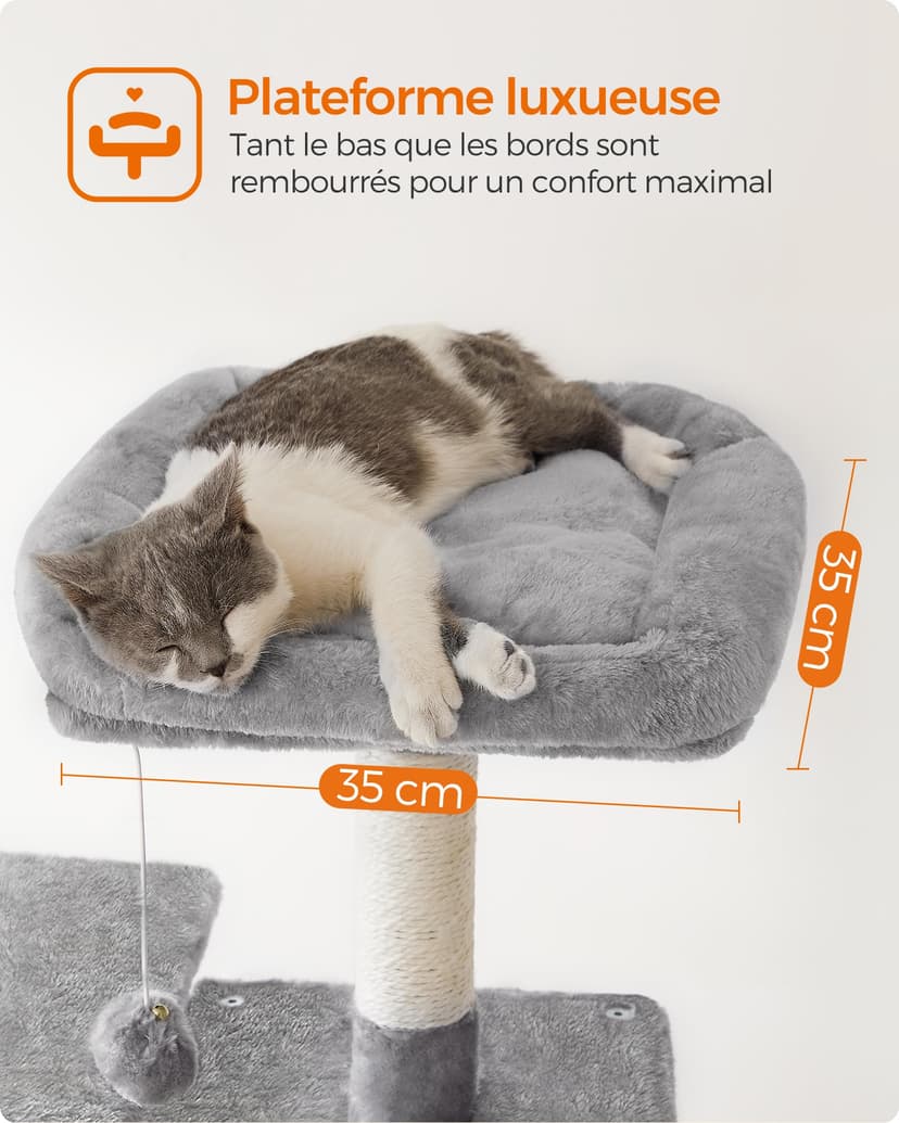 Feandrea Arbre à Chat Hauteur 143 cm, Tour de Jeux pour Chats, avec 4 Poteaux à Griffer, 2 Plateformes, 1 Niche, 1 Hamac, 2 Pompons, en Tissu Peluche, Multi-Niveaux, Gris Clair PCT161W01 - 4