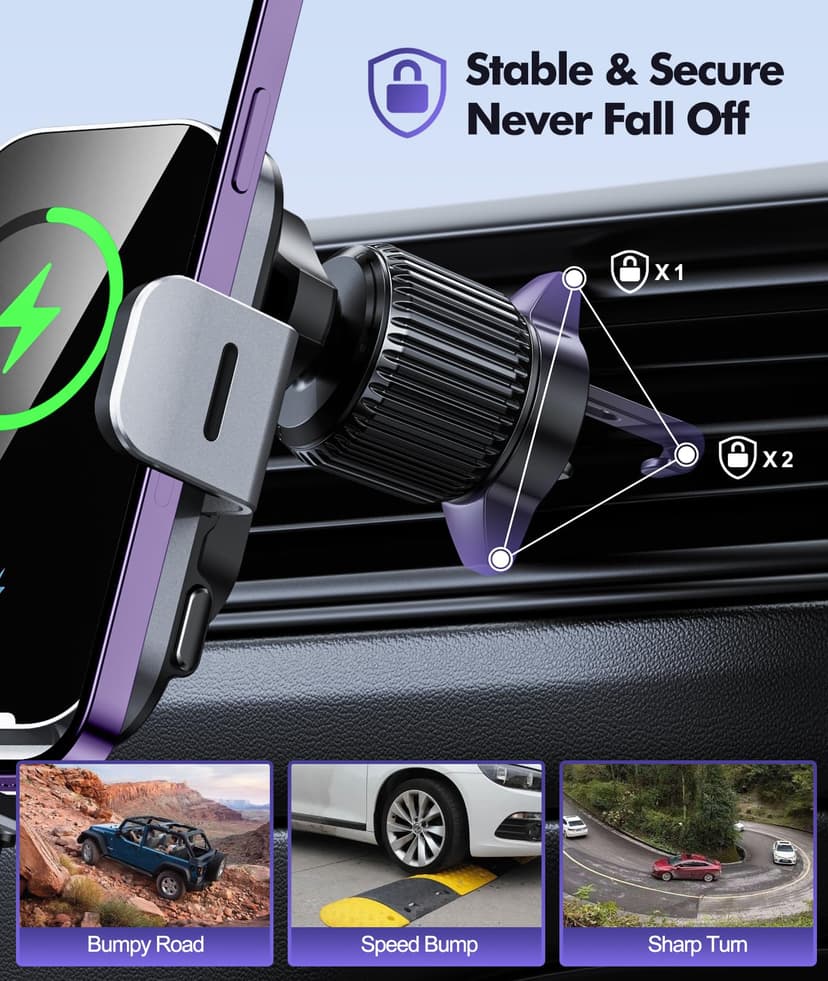 ISEYOU Car Phone Holder Wireless Charger, 15W Fast Charging Auto Clamping Wireless Car Charge, 360° Rotation Air Vent Mount With Electric Sensor Compatible For iPhone 16 15 14 Pro Max, Samsung Galaxy - 4